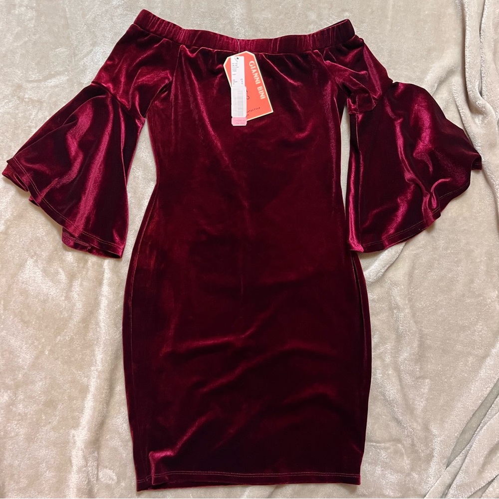 Off the shoulder burgundy velvet dress